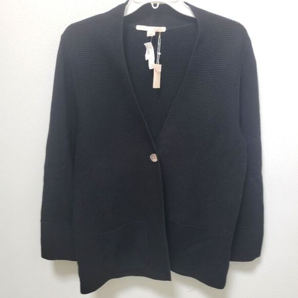 BELFORD Pima Cotton Black Ribbed Cardigan button front long sleeve NWT - Picture 1 of 5